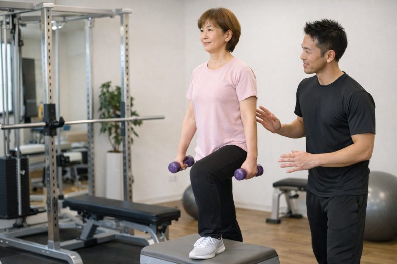 富士市のパーソナルジムepで50代女性が体力づくりのトレーニングを行う様子